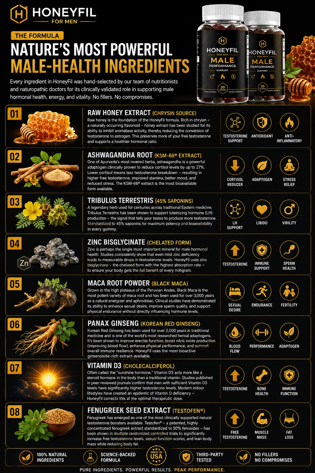 HoneyFil ingredients explained — L-citrulline, maca root, pine bark extract and saffron stigmas