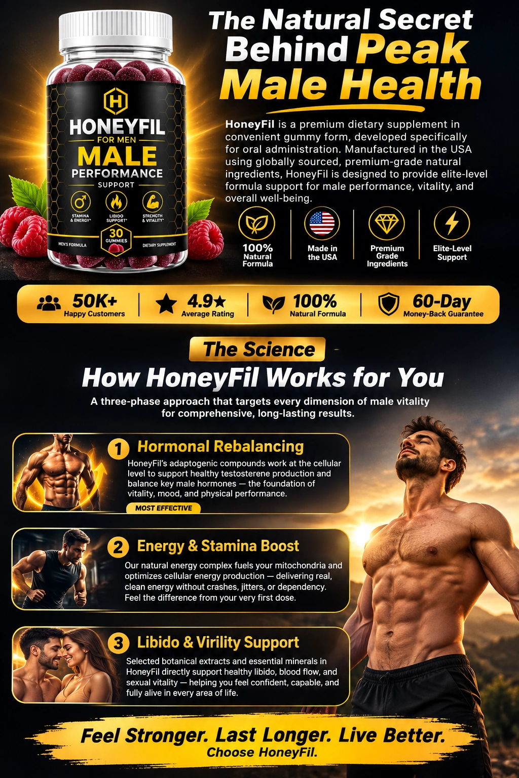 How HoneyFil works: one daily gummy taken with water as part of a consistent men's wellness routine